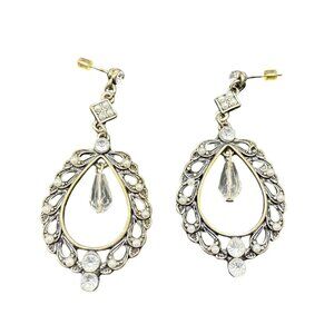 VTG Faux Pearl Clear Rhinestone Crystal Filigree Floral Dangle Drop Earrings